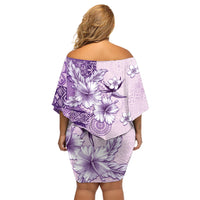 Hawaii Tapa Pattern With Violet Hibiscus Off Shoulder Short Dress LT05 - Polynesian Pride