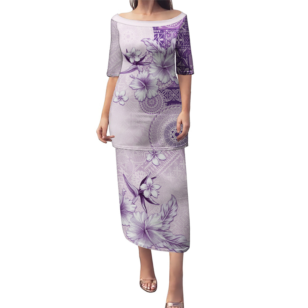 Hawaii Tapa Pattern With Violet Hibiscus Puletasi LT05 Long Dress Violet - Polynesian Pride