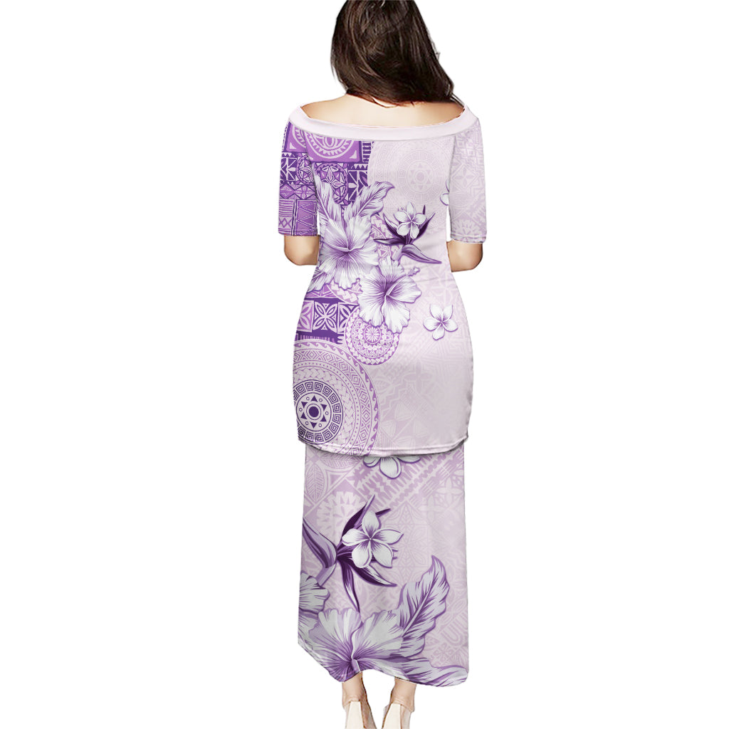 Hawaii Tapa Pattern With Violet Hibiscus Puletasi LT05 - Polynesian Pride