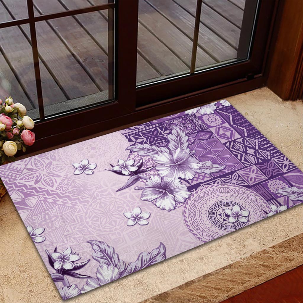 Hawaii Tapa Pattern With Violet Hibiscus Rubber Doormat LT05 - Polynesian Pride