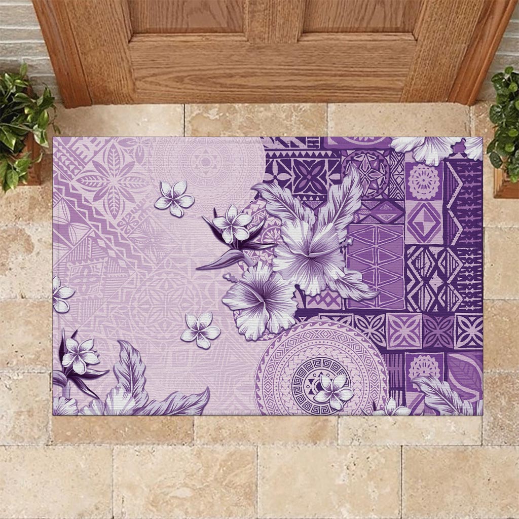Hawaii Tapa Pattern With Violet Hibiscus Rubber Doormat LT05 - Polynesian Pride
