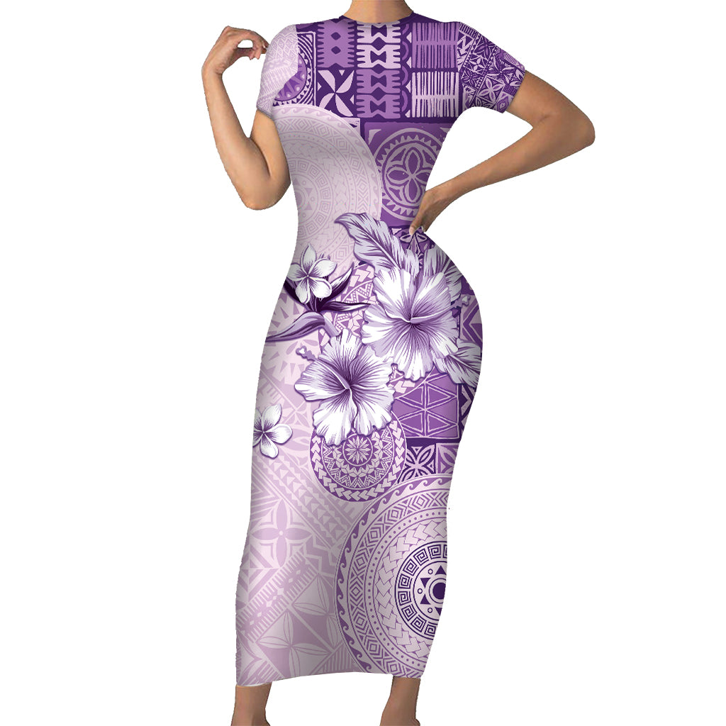 Hawaii Tapa Pattern With Violet Hibiscus Short Sleeve Bodycon Dress