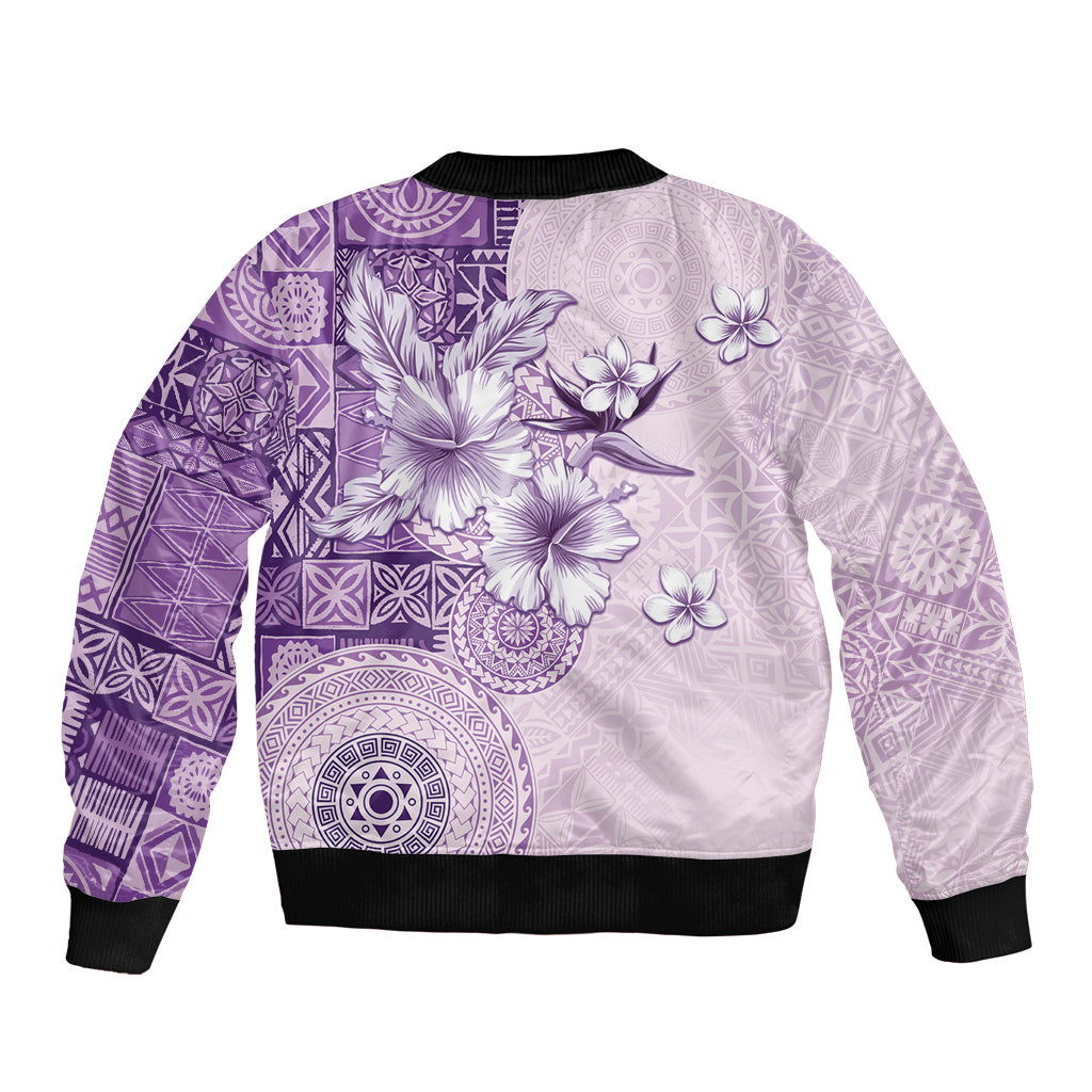Hawaii Tapa Pattern With Violet Hibiscus Sleeve Zip Bomber Jacket LT05 - Polynesian Pride
