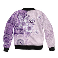 Hawaii Tapa Pattern With Violet Hibiscus Sleeve Zip Bomber Jacket LT05 - Polynesian Pride