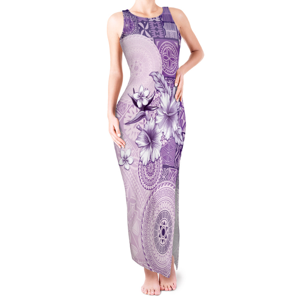 Hawaii Tapa Pattern With Violet Hibiscus Tank Maxi Dress