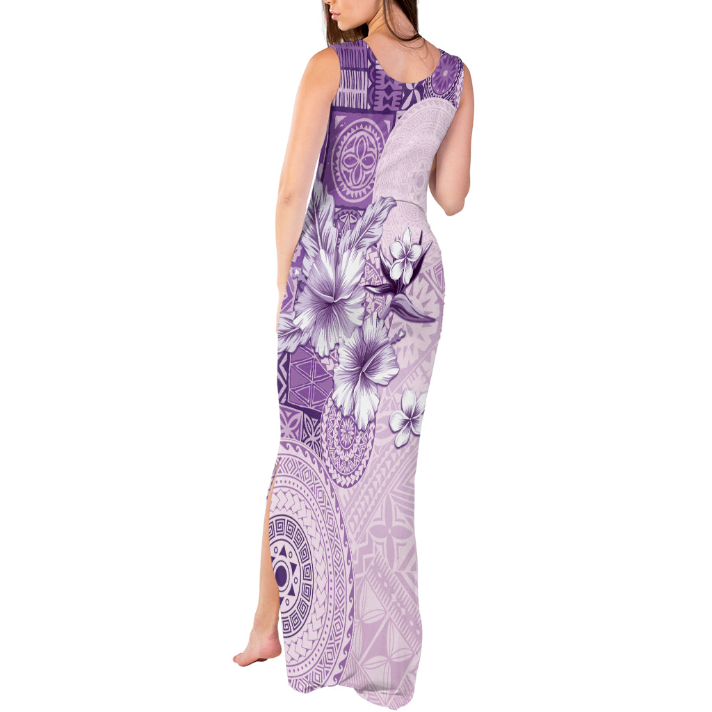 Hawaii Tapa Pattern With Violet Hibiscus Tank Maxi Dress LT05 - Polynesian Pride