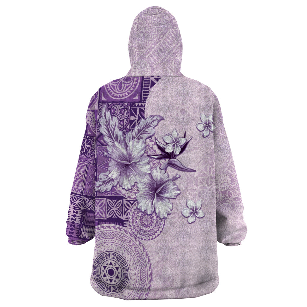 Hawaii Tapa Pattern With Violet Hibiscus Wearable Blanket Hoodie LT05 - Polynesian Pride