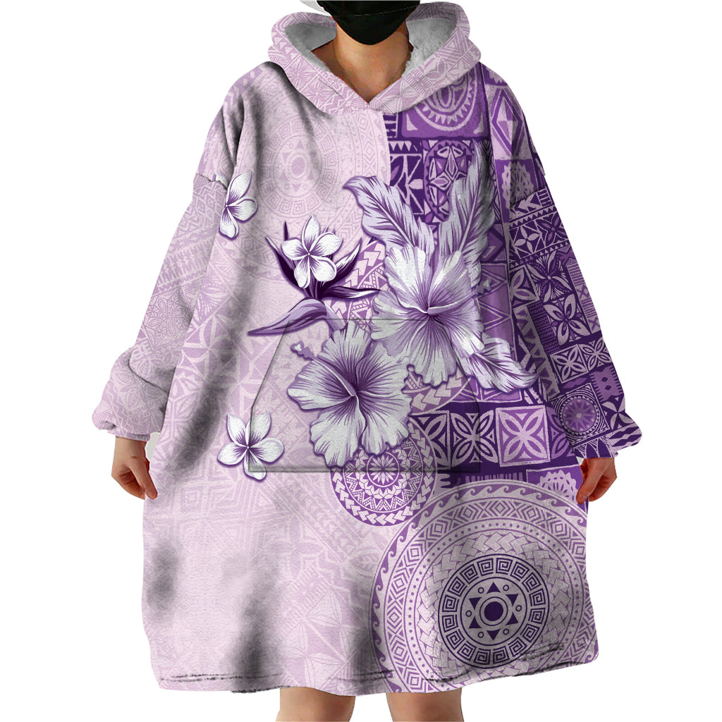 Hawaii Tapa Pattern With Violet Hibiscus Wearable Blanket Hoodie LT05 - Polynesian Pride