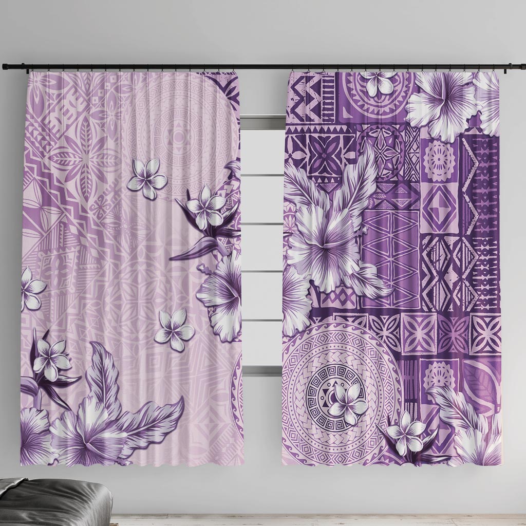 Hawaii Tapa Pattern With Violet Hibiscus Window Curtain LT05 With Hooks Violet - Polynesian Pride