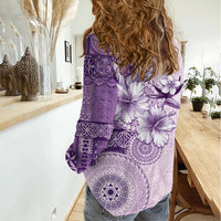 Hawaii Tapa Pattern With Violet Hibiscus Women Casual Shirt