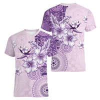 Hawaii Tapa Pattern With Violet Hibiscus Women V-Neck T-Shirt