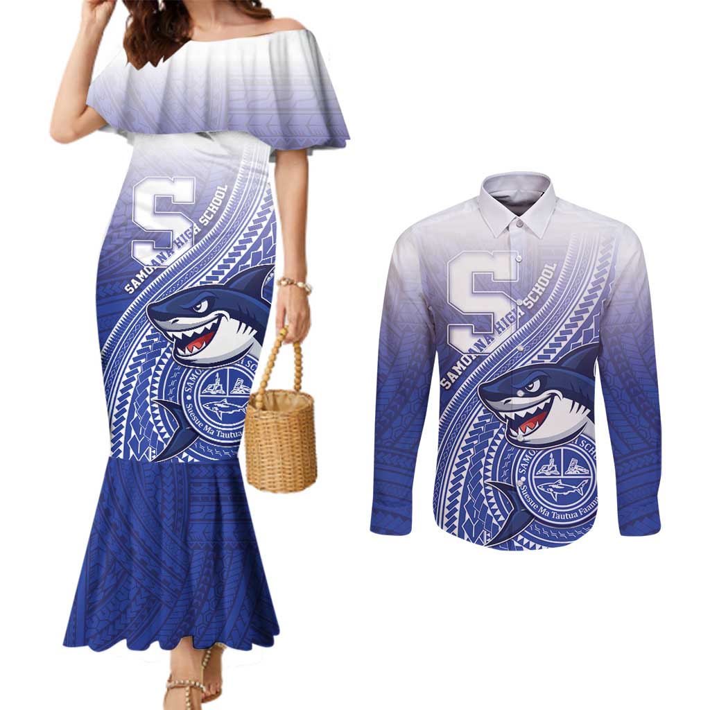 Personalized Samoana High School Couples Matching Mermaid Dress and Long Sleeve Button Shirt Polynesian Tribal Shark LT05 Blue - Polynesian Pride