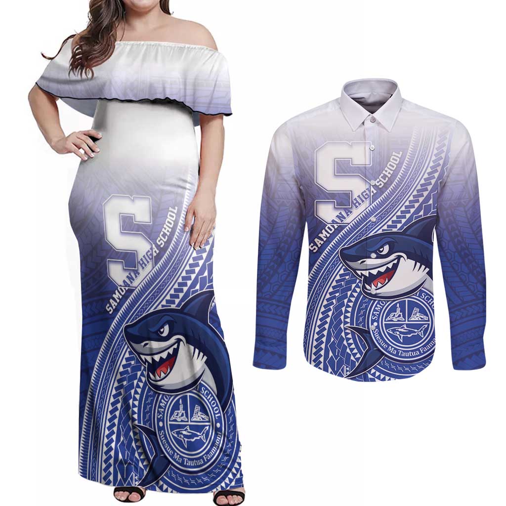 Personalized Samoana High School Couples Matching Off Shoulder Maxi Dress and Long Sleeve Button Shirt Polynesian Tribal Shark LT05 Blue - Polynesian Pride