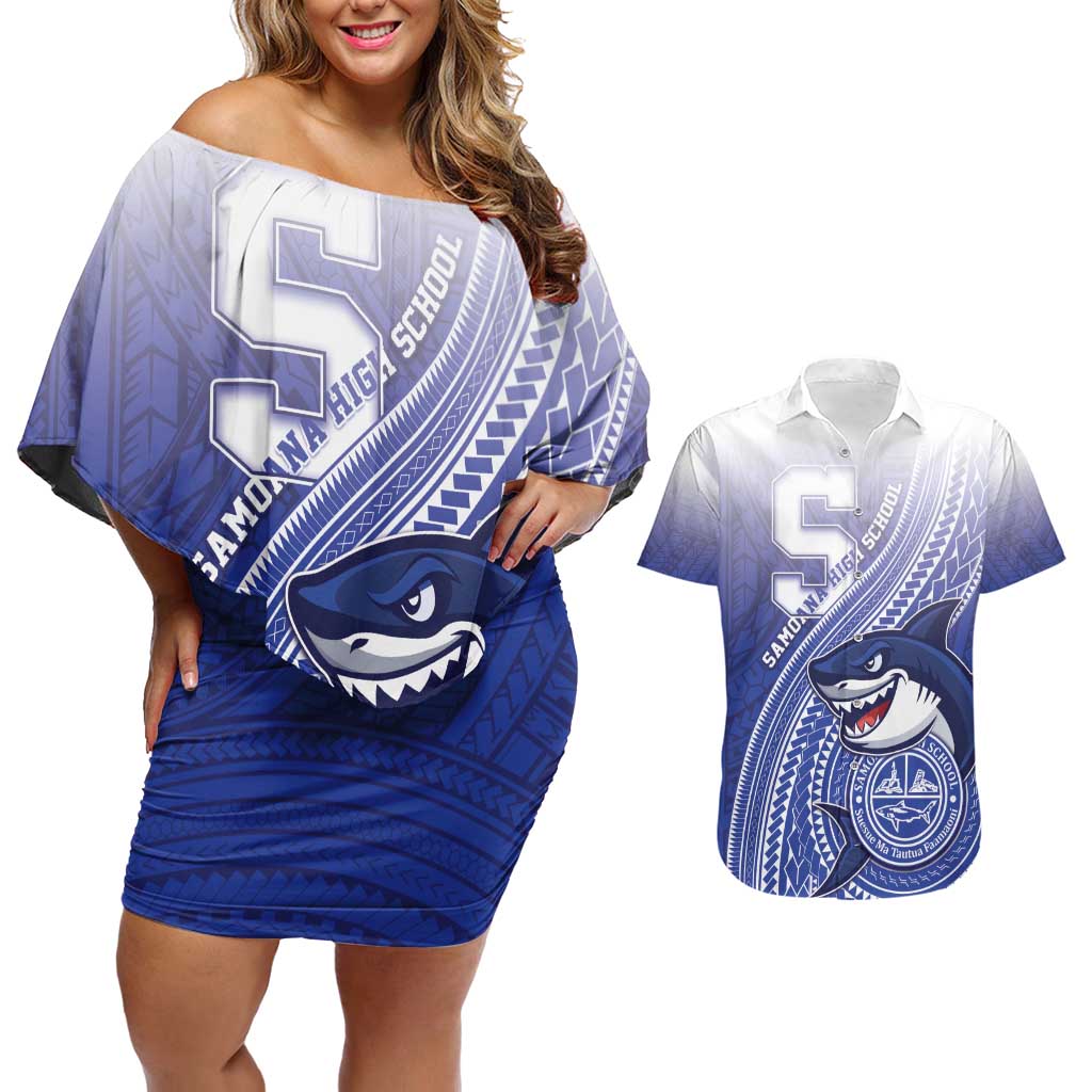 Personalized Samoana High School Couples Matching Off Shoulder Short Dress and Hawaiian Shirt Polynesian Tribal Shark LT05 Blue - Polynesian Pride