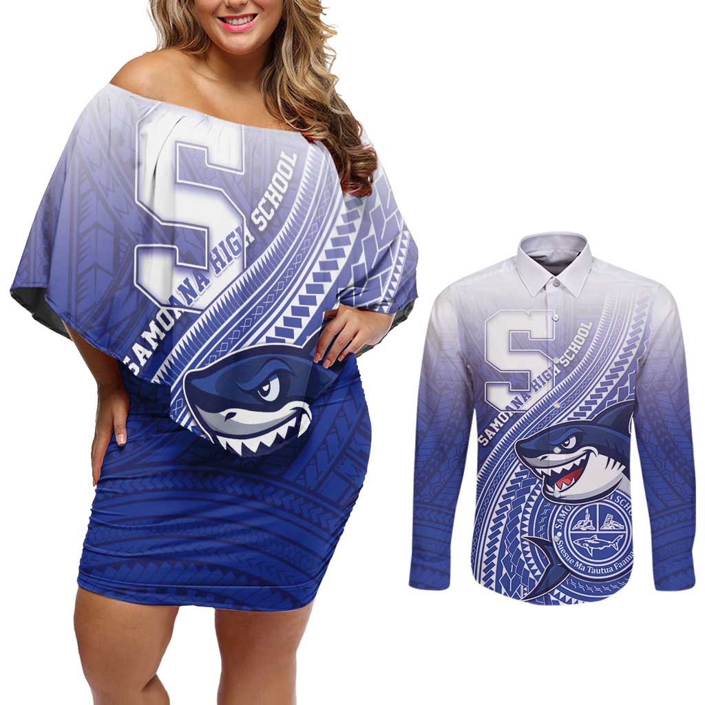 Personalized Samoana High School Couples Matching Off Shoulder Short Dress and Long Sleeve Button Shirt Polynesian Tribal Shark LT05 Blue - Polynesian Pride