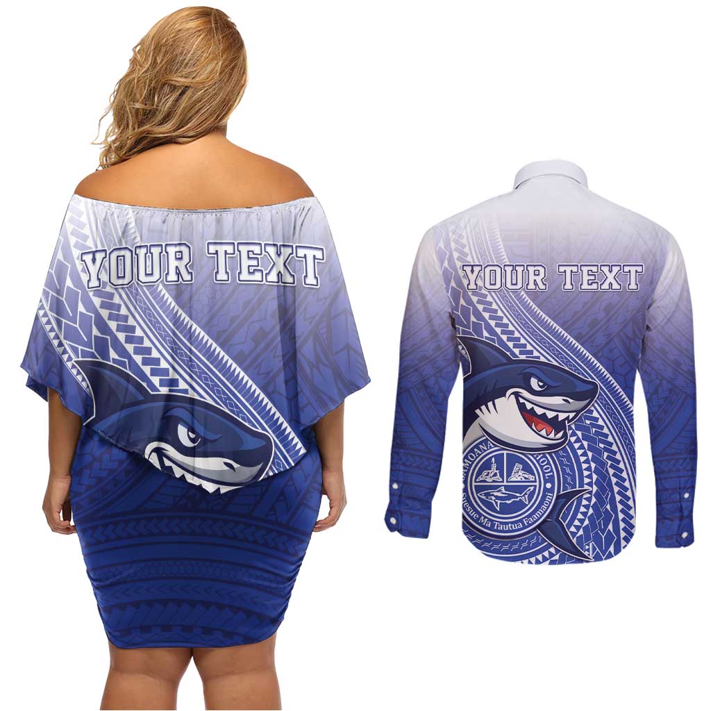 Personalized Samoana High School Couples Matching Off Shoulder Short Dress and Long Sleeve Button Shirt Polynesian Tribal Shark LT05 - Polynesian Pride