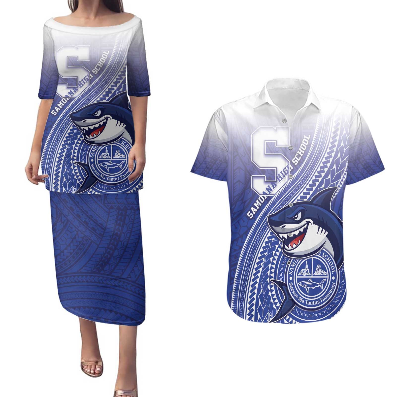 Personalized Samoana High School Couples Matching Puletasi and Hawaiian Shirt Polynesian Tribal Shark LT05 Blue - Polynesian Pride