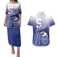 Personalized Samoana High School Couples Matching Puletasi and Hawaiian Shirt Polynesian Tribal Shark LT05 Blue - Polynesian Pride