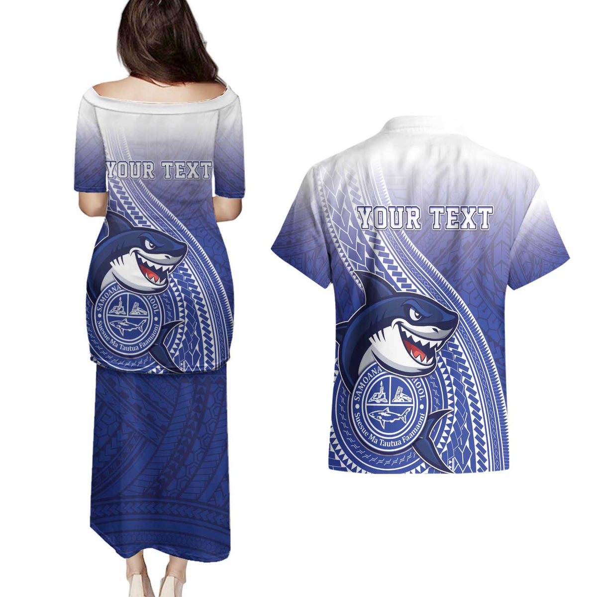 Personalized Samoana High School Couples Matching Puletasi and Hawaiian Shirt Polynesian Tribal Shark LT05 - Polynesian Pride