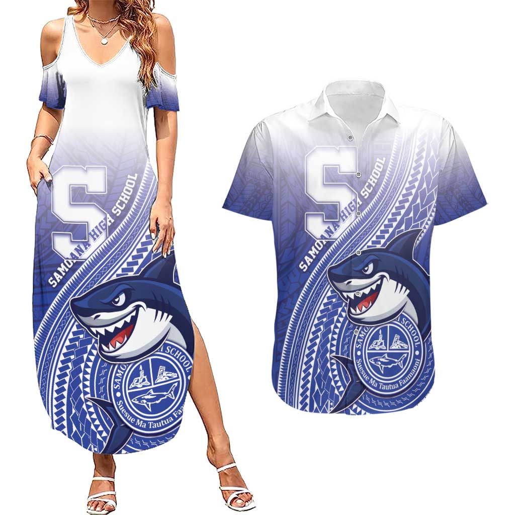 Personalized Samoana High School Couples Matching Summer Maxi Dress and Hawaiian Shirt Polynesian Tribal Shark LT05 Blue - Polynesian Pride