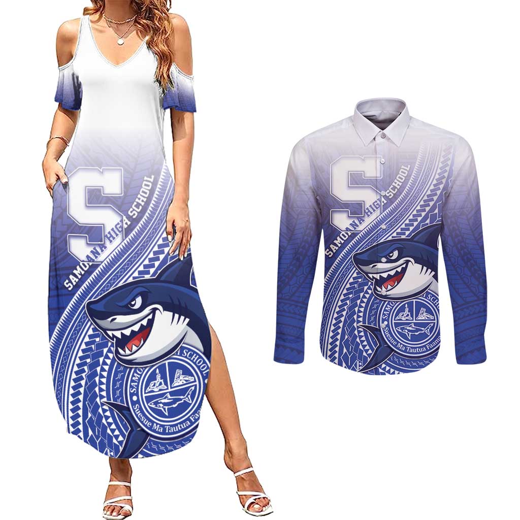 Personalized Samoana High School Couples Matching Summer Maxi Dress and Long Sleeve Button Shirt Polynesian Tribal Shark LT05 Blue - Polynesian Pride