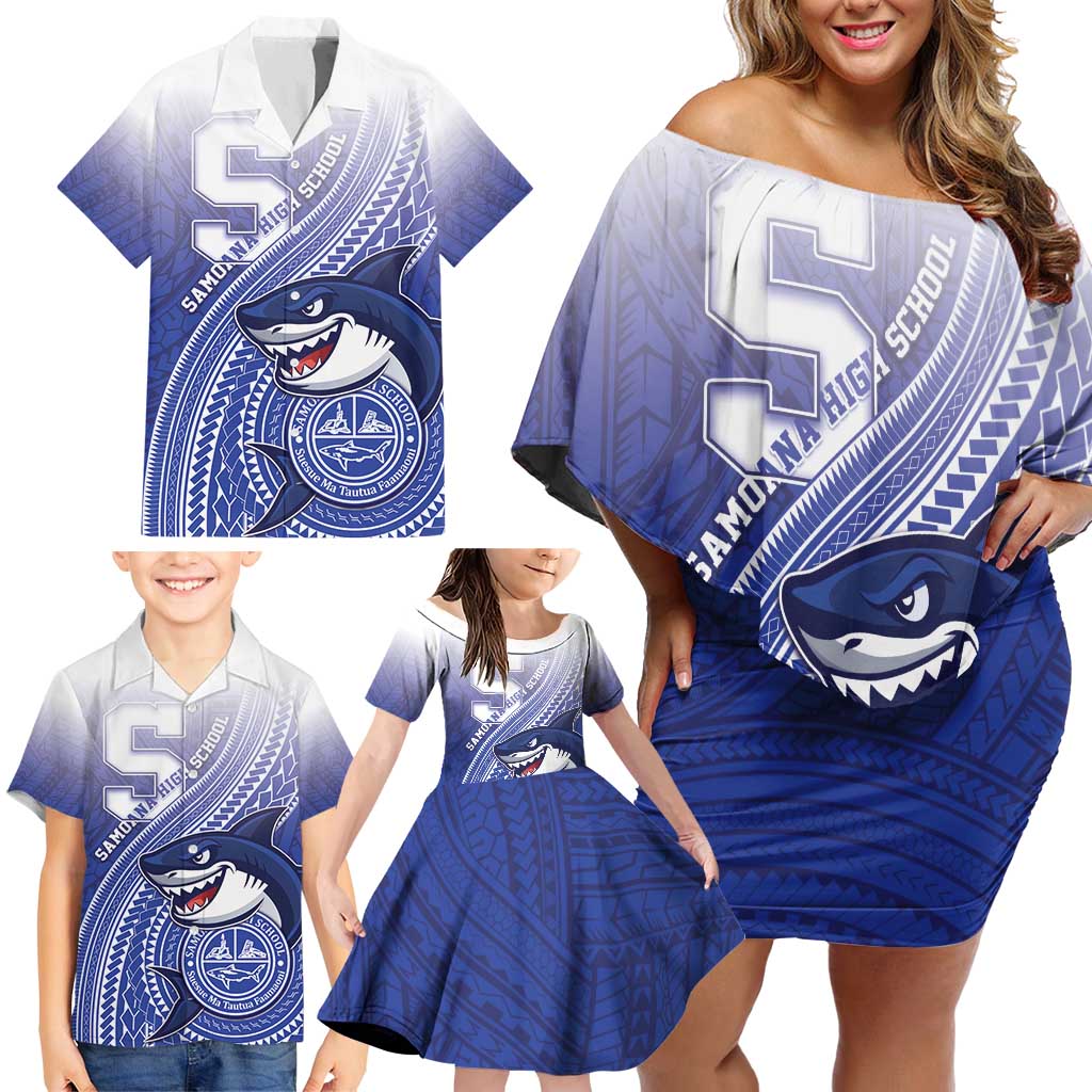 Personalized Samoana High School Family Matching Off Shoulder Short Dress and Hawaiian Shirt Polynesian Tribal Shark