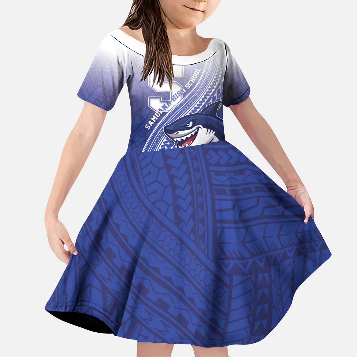 Personalized Samoana High School Kid Short Sleeve Dress Polynesian Tribal Shark