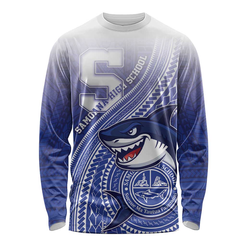 Personalized Samoana High School Long Sleeve Shirt Polynesian Tribal Shark LT05 Unisex Blue - Polynesian Pride