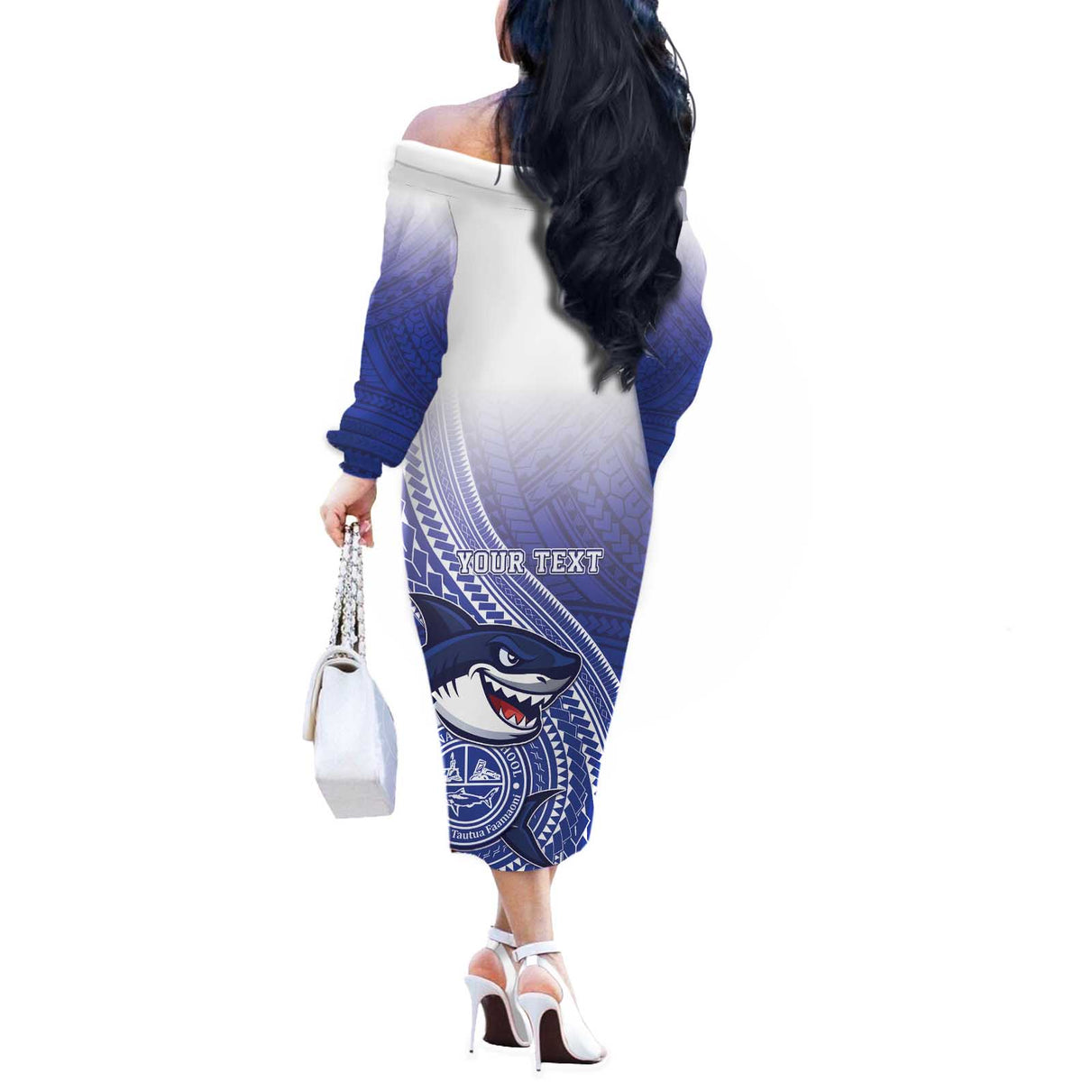 Personalized Samoana High School Off The Shoulder Long Sleeve Dress Polynesian Tribal Shark