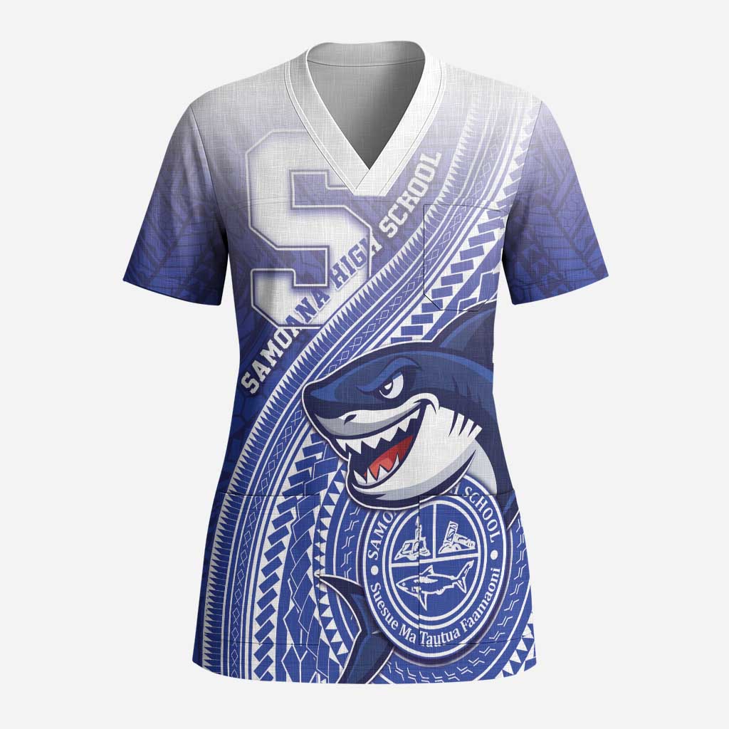 Personalized Samoana High School Scrub Top Polynesian Tribal Shark - Polynesian Pride