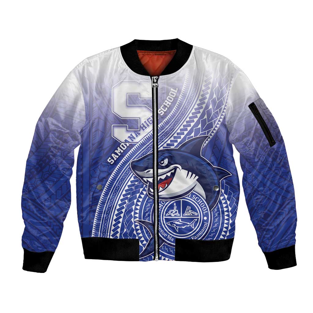 Personalized Samoana High School Sleeve Zip Bomber Jacket Polynesian Tribal Shark