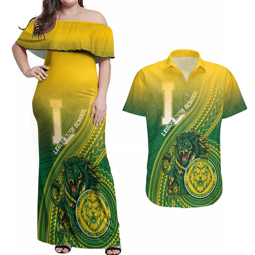 Personalized Leone High School Couples Matching Off Shoulder Maxi Dress and Hawaiian Shirt Leone Lion LT05 Green - Polynesian Pride