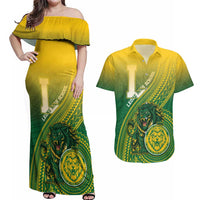 Personalized Leone High School Couples Matching Off Shoulder Maxi Dress and Hawaiian Shirt Leone Lion LT05 Green - Polynesian Pride