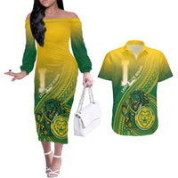 Personalized Leone High School Couples Matching Off The Shoulder Long Sleeve Dress and Hawaiian Shirt Leone Lion LT05 Green - Polynesian Pride
