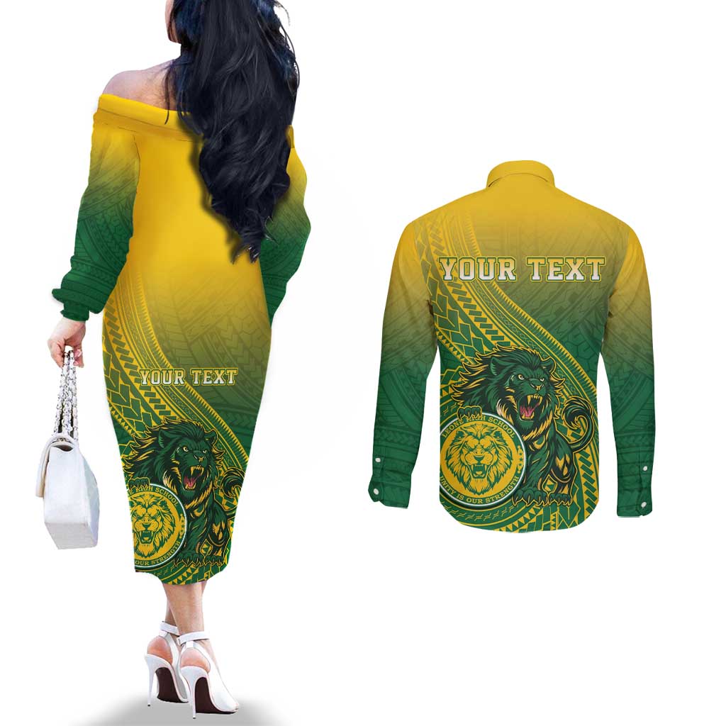 Personalized Leone High School Couples Matching Off The Shoulder Long Sleeve Dress and Long Sleeve Button Shirt Leone Lion LT05 - Polynesian Pride
