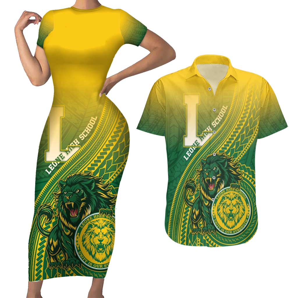 Personalized Leone High School Couples Matching Short Sleeve Bodycon Dress and Hawaiian Shirt Leone Lion LT05 Green - Polynesian Pride