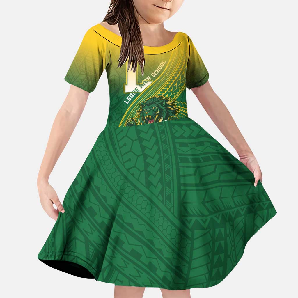 Personalized Leone High School Family Matching Puletasi and Hawaiian Shirt Leone Lion LT05 Daughter's Dress Green - Polynesian Pride
