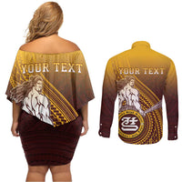 Personalized Tafuna High School Couples Matching Off Shoulder Short Dress and Long Sleeve Button Shirt Polynesian Warrior