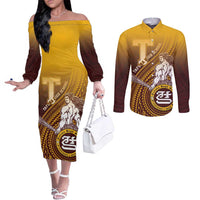 Personalized Tafuna High School Couples Matching Off The Shoulder Long Sleeve Dress and Long Sleeve Button Shirt Polynesian Warrior LT05 Maroon - Polynesian Pride