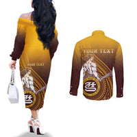 Personalized Tafuna High School Couples Matching Off The Shoulder Long Sleeve Dress and Long Sleeve Button Shirt Polynesian Warrior LT05 - Polynesian Pride