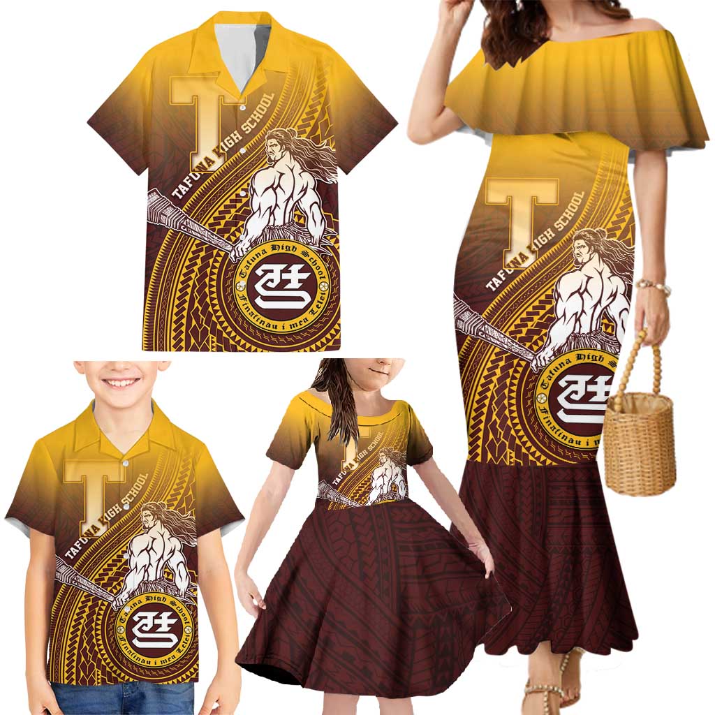 Personalized Tafuna High School Family Matching Mermaid Dress and Hawaiian Shirt Polynesian Warrior
