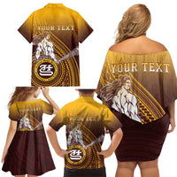 Personalized Tafuna High School Family Matching Off Shoulder Short Dress and Hawaiian Shirt Polynesian Warrior