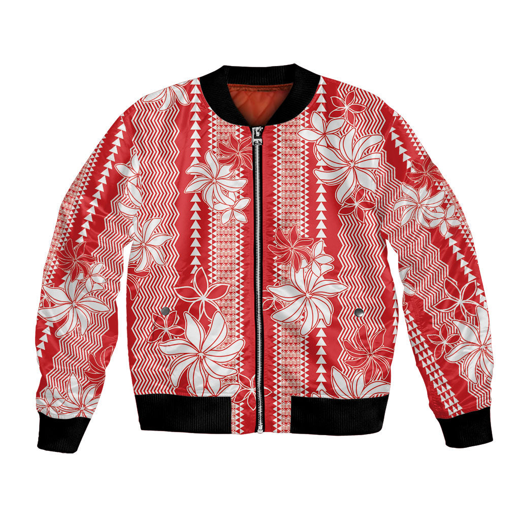Hawaii Kakau Tribal Bomber Jacket With Red Tiare LT05 Unisex Red - Polynesian Pride