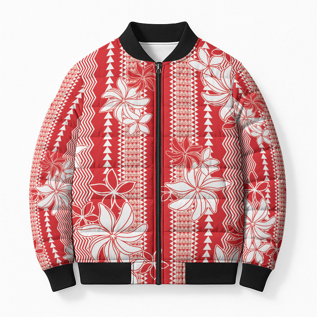 Hawaii Kakau Tribal Bomber Puffer Jacket With Red Tiare LT05 Unisex Red - Polynesian Pride