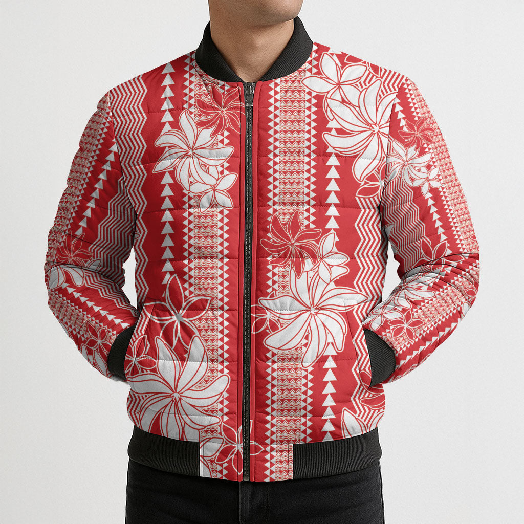 Hawaii Kakau Tribal Bomber Puffer Jacket With Red Tiare