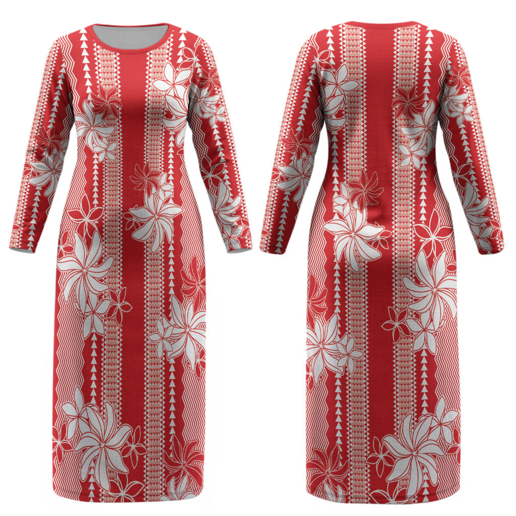 Hawaii Kakau Tribal Couples Matching Long Sleeve Bodycon Dress and Hawaiian Shirt With Red Tiare LT05