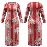 Hawaii Kakau Tribal Couples Matching Long Sleeve Bodycon Dress and Hawaiian Shirt With Red Tiare LT05