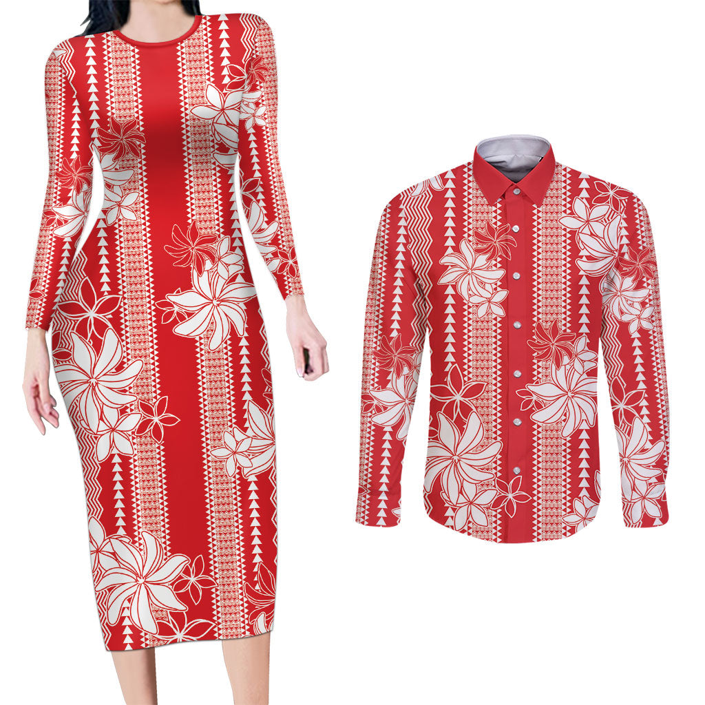 Hawaii Kakau Tribal Couples Matching Long Sleeve Bodycon Dress and Long Sleeve Button Shirt With Red Tiare LT05 Red - Polynesian Pride