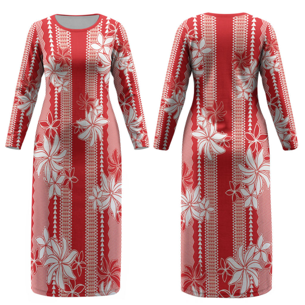 Hawaii Kakau Tribal Couples Matching Long Sleeve Bodycon Dress and Long Sleeve Button Shirt With Red Tiare LT05