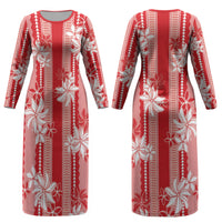 Hawaii Kakau Tribal Couples Matching Long Sleeve Bodycon Dress and Long Sleeve Button Shirt With Red Tiare LT05